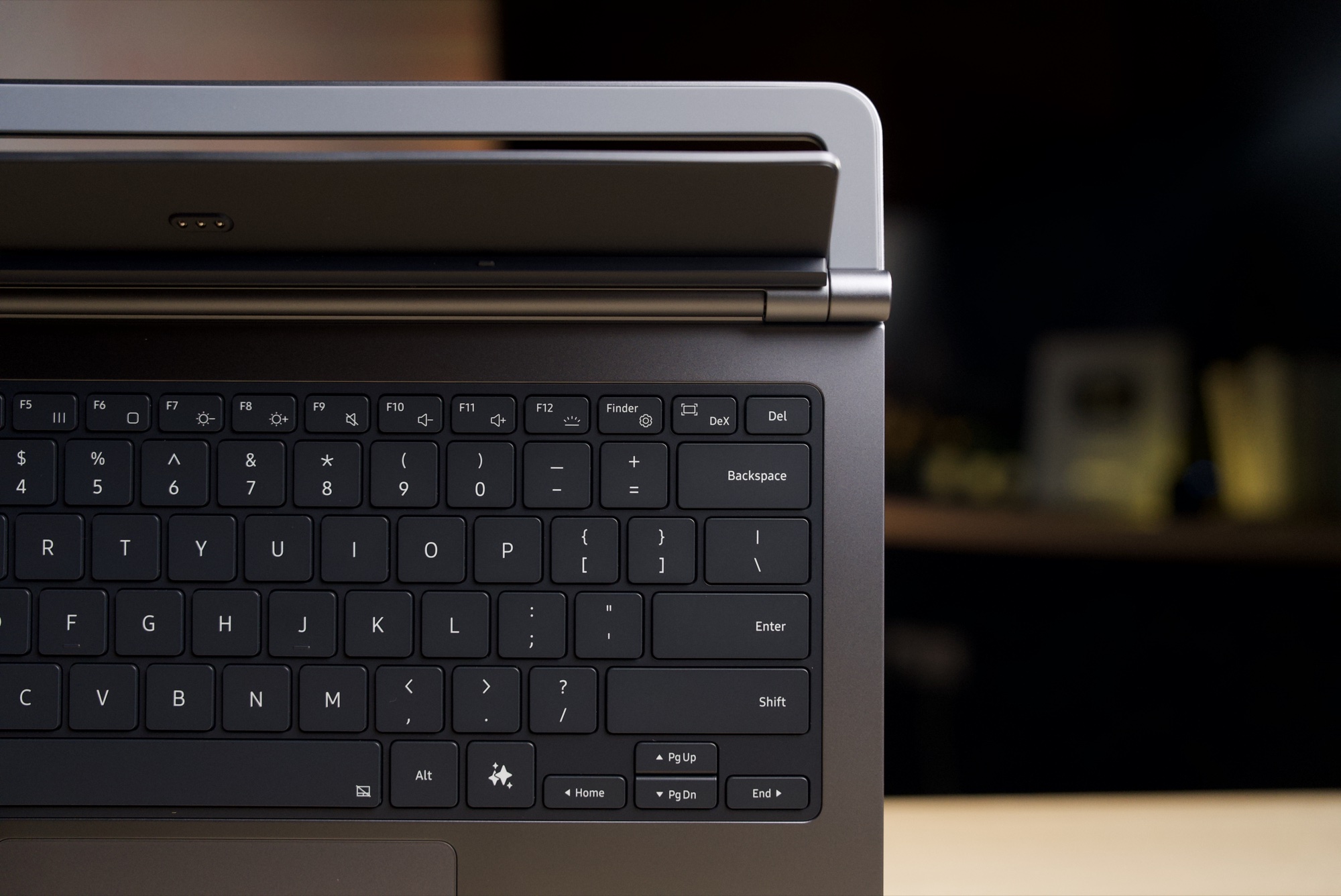 Close-up of the right-hand keys on the Pro Keyboard, showing the function row, the Finder and DeX keys and the sparkle-icon AI key