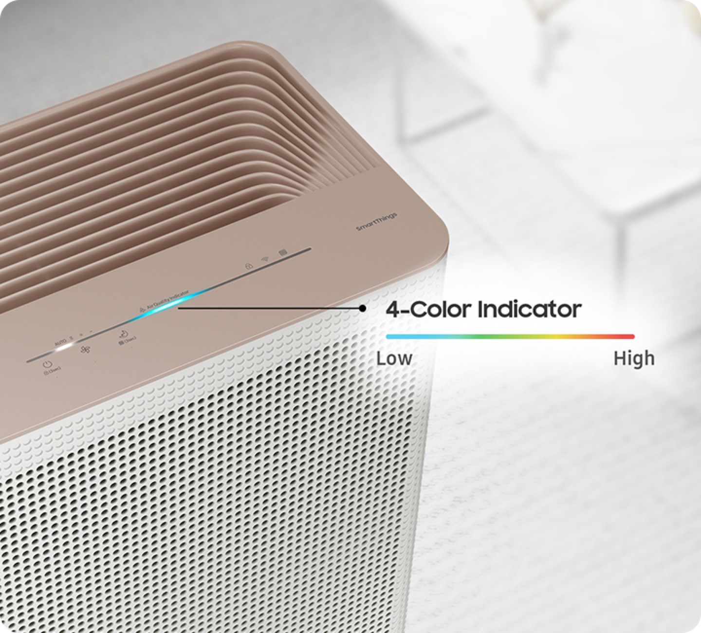 The four-colour air quality indicator on a Samsung AX3100 air purifier