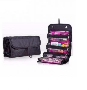 Fold-up hanging cosmetic bag for travel with compartments