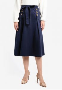 Best buttoned and pattern-free cotton A-line skirt with bow