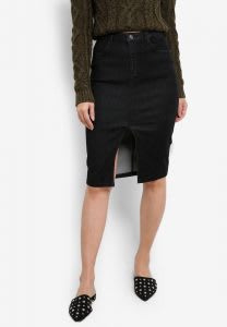 Denim high-waisted midi skirt with slit