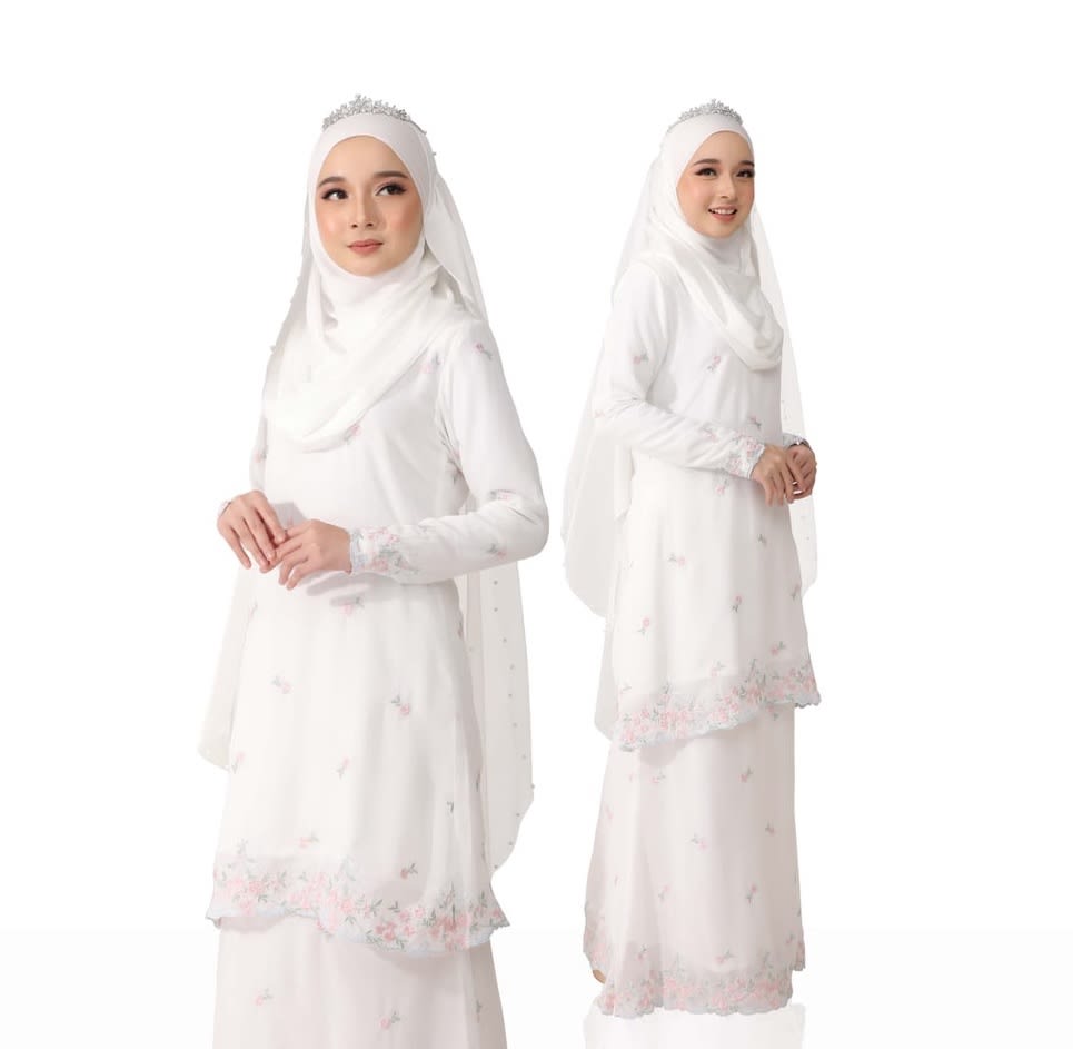 Dreamyza Kirana Embroidered Sulam Chiffon Brides Baju Kurung in Off White