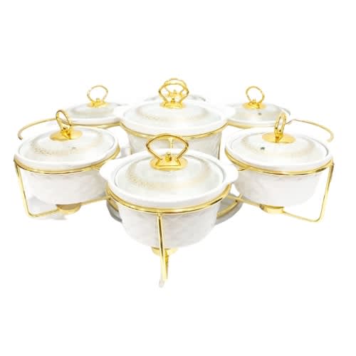 Queens Porcelain CX 7pcs Food Warmer with Gold Rack Set with Candle Holder - Gold (Buffet Set)