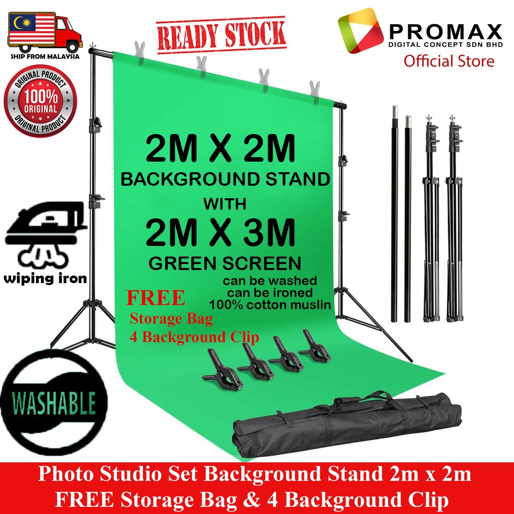 2x2m Studio Background Stand + Green Screen 2x3m Kit