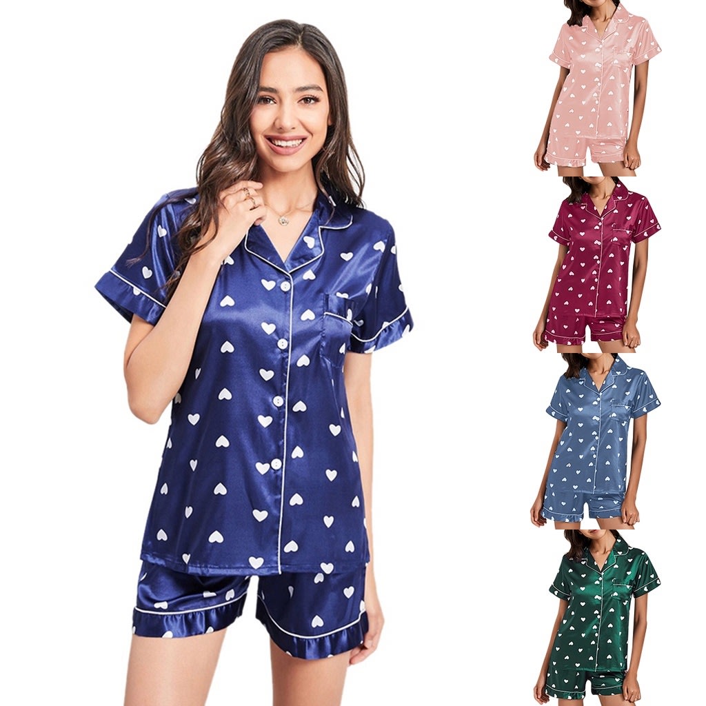 Lovito Ice Silk Love Print Lapel Short Sleeves Pajamas Set-review-singapore