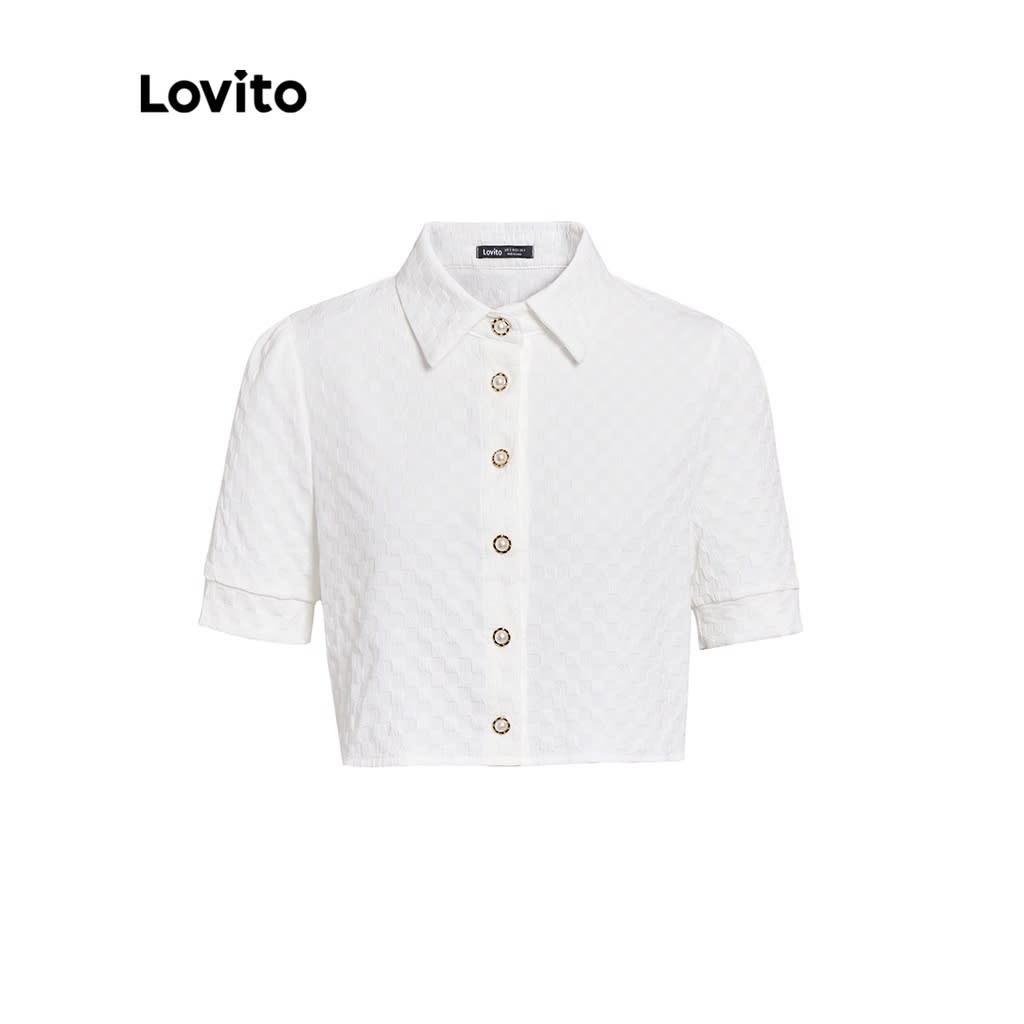 Lovito เสื้อครอปลําลอง คอปก แต่งกระดุมมุก-สีเสื้อมงคลประจำวันพฤหัสบดี