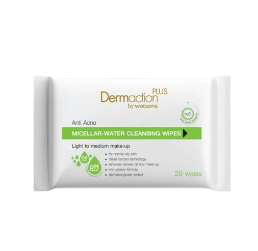 แผ่นเช็คเครื่องสำอาง Dermactioแผ่นเช็ดเครื่องสำอาง SENKA ALL CLEAR SHEETn Plus by Watsons Anti Acne Micellar-Water Cleansing Wipes