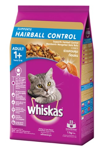 อาหารแมว Whiskas ชนิดแห้ง พ็อกเกต สูตรควบคุมก้อนขน รสไก่และปลาทูน่า