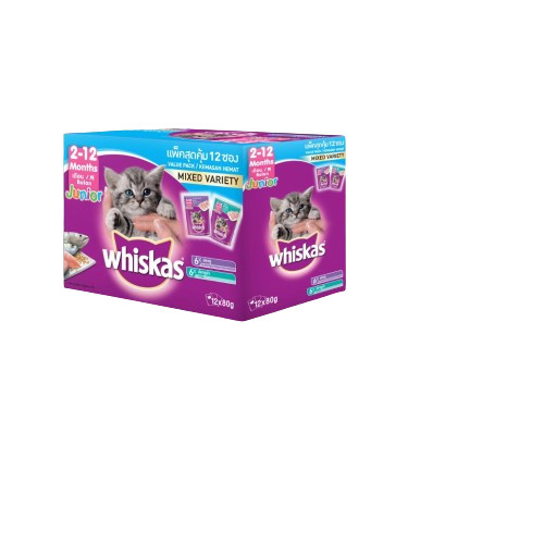 อาหารแมว Whiskas ชนิดเปียก แบบเพาช์ มัลติแพค สำหรับลูกแมวรวม 2 รส