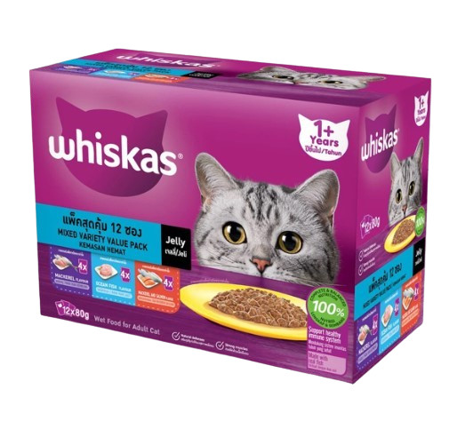 อาหารแมว Whiskas อาหารแมวชนิดเปียก แบบเพาช์ มัลติแพ็ค สำหรับแมวอายุ 1 ปีขึ้นไป