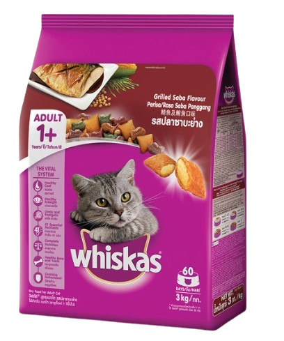 อาหารแมว Whiskas อาหารแมวชนิดแห้ง แบบเม็ด พ็อกเกต สูตรแมวโต รสปลาซาบะย่าง