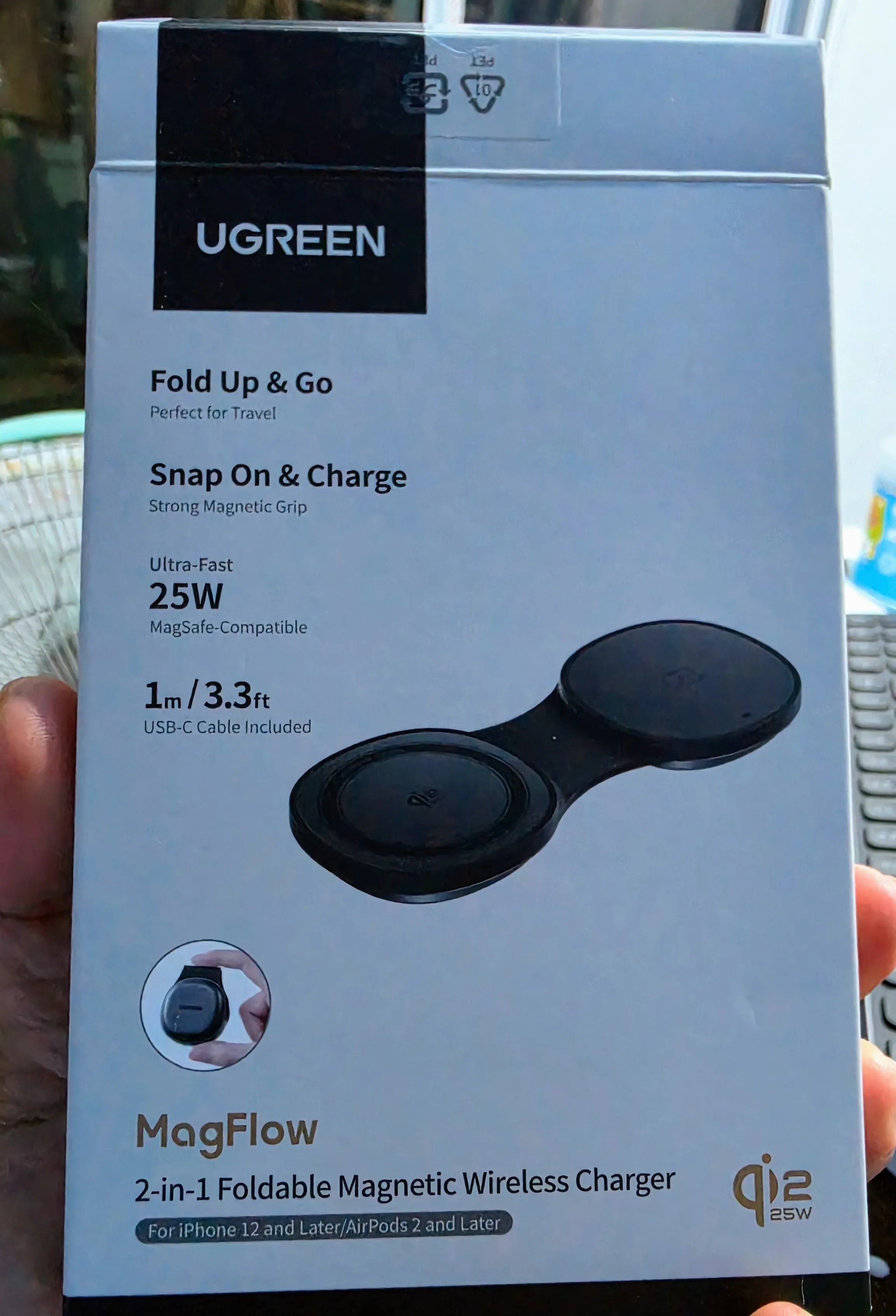 หน้ากล่อง UGREEN MagFlow 2-in-1 Foldable Magnetic Wireless Charger Qi2 25W