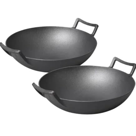 2X 32cm Commercial Cast Iron Wok FryPan Fry Pan with Double Handle